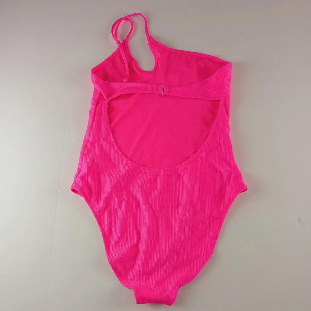 Aerie Shine Rib One Shoulder Full Coverage One Piece Swimsuit Women's M Pink